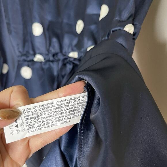 NEW! English Factory Dot Printed Satin Long Sleeve Romper Navy Medium - Picture 6 of 11